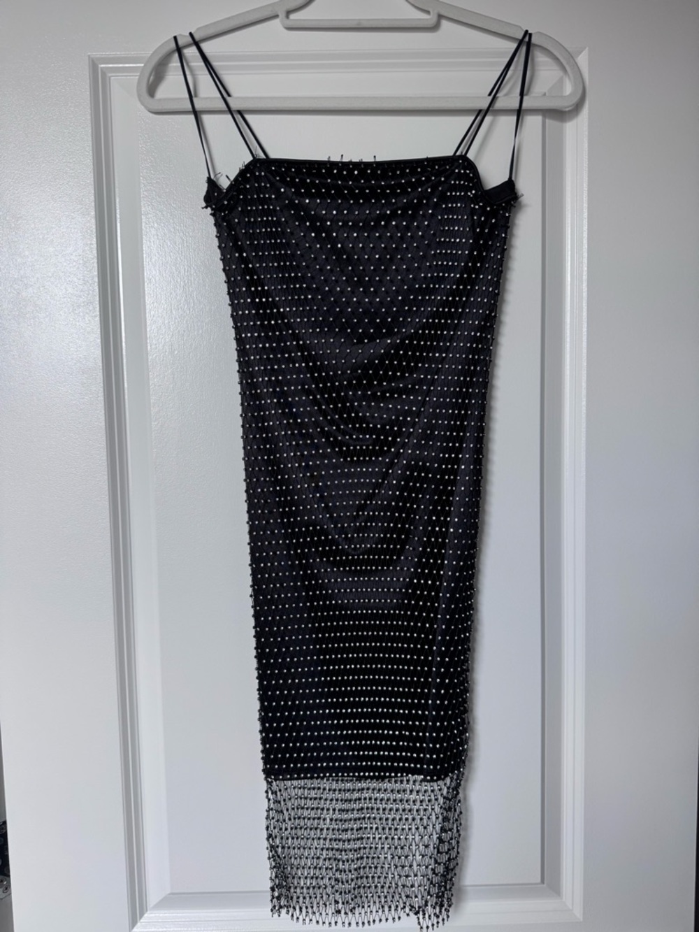 Bear Dance Black Rhinestone Fringe Midi Slip Dress